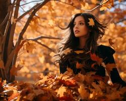 beautiful girl with long hair sitting in autumn leaves generative AI photo