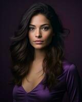 beautiful brunette woman with long hair on purple background generative AI photo