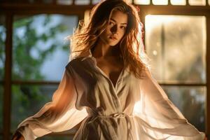 beautiful young woman in white robe standing in front of window generative AI photo