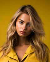 hermosa rubia mujer en amarillo chaqueta en amarillo antecedentes generativo ai foto