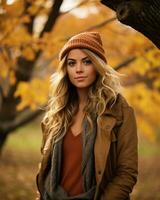hermosa rubia mujer en otoño parque generativo ai foto