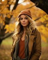 beautiful blonde woman in autumn park generative AI photo