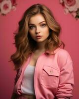 beautiful young woman in pink jacket with flowers on pink background generative AI photo