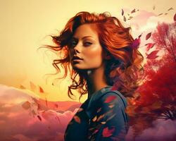 beautiful red haired woman with autumn leaves in the background generative AI photo