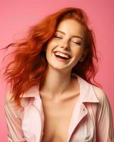beautiful red haired woman laughing on pink background generative AI photo