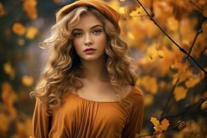 hermosa rubia mujer en naranja vestir y sombrero en otoño bosque generativo ai foto