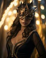 beautiful woman wearing a golden mask in front of lights generative AI photo