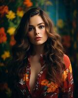 beautiful woman with long curly hair in floral dress generative AI photo