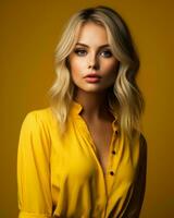 hermosa rubia mujer en amarillo camisa en amarillo antecedentes generativo ai foto