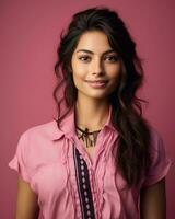 beautiful young woman in pink shirt posing for the camera generative AI photo