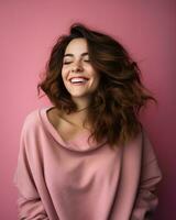 beautiful young woman laughing and smiling on a pink background generative AI photo