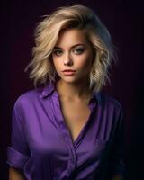 beautiful blonde woman in purple shirt posing for the camera generative AI photo