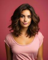 beautiful young woman with brown hair and pink t   shirt on pink background generative AI photo