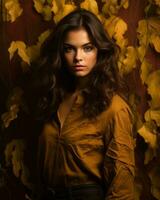 beautiful woman in yellow shirt and brown pants posing in front of autumn leaves generative AI photo