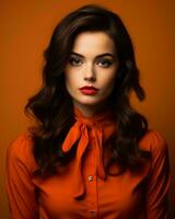 hermosa mujer con largo oscuro pelo vistiendo un naranja blusa y rojo lápiz labial generativo ai foto