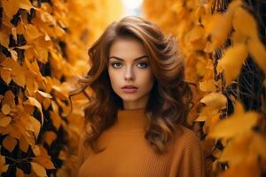 beautiful woman in orange sweater standing in autumn leaves generative AI photo