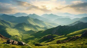 hermosa montaña paisaje con verde césped y rocas generativo ai foto