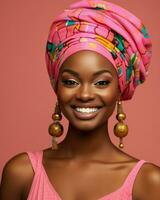 beautiful african american woman in pink dress and turban smiling generative AI photo
