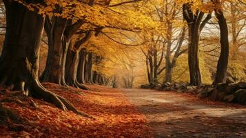 otoño arboles línea un camino en el bosque con hojas en el suelo generativo ai foto
