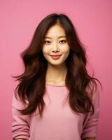 beautiful asian woman with long hair and pink sweater on pink background generative AI photo