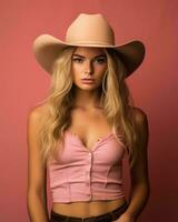 hermosa rubia mujer en rosado parte superior y vaquero sombrero en rosado antecedentes generativo ai foto