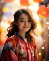 hermosa asiático mujer en tradicional kimono posando en frente de vistoso luces generativo ai foto