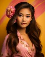 beautiful asian woman with long hair and flower in her hair generative AI photo