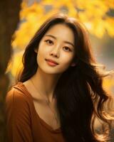 beautiful asian woman with long hair in the fall generative AI photo