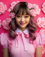 beautiful asian girl in pink dress and flower wreath on pink background generative AI photo