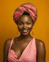 beautiful african american woman in pink dress and turban on orange background generative AI photo