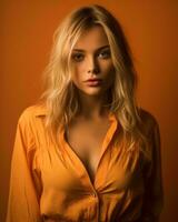 hermosa rubia mujer en naranja camisa en naranja antecedentes generativo ai foto