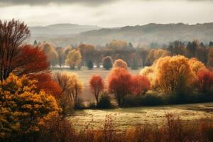 otoño arboles en un campo con un nublado cielo generativo ai foto