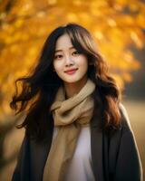 beautiful asian woman posing in front of autumn trees generative AI photo