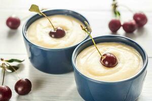 Custard with cherries photo