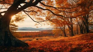 otoño paisaje con arboles y un lago en el antecedentes generativo ai foto