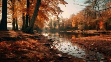 otoño paisaje con un río y arboles en el antecedentes generativo ai foto