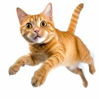 un naranja atigrado gato es volador mediante el aire generativo ai foto