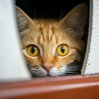 an orange tabby cat peeking out from behind a door generative AI photo