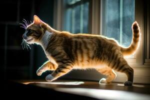 un naranja y blanco gato es caminando en un ventana umbral generativo ai foto