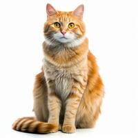 an orange tabby cat sitting down on a white background generative AI photo