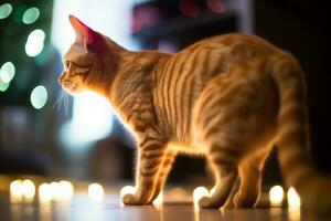 an orange tabby cat standing in front of a christmas tree generative AI photo