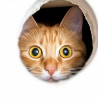 an orange tabby cat peeking out of a hole generative AI photo