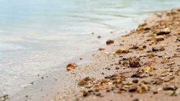 Abstract of Beach lined with sand and a few rocks. Blurred image of waves crashing on the beach. photo