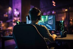 Shot of gamer guy is sitting by the PC photo