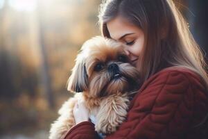 Portrait of people hugging shih tzu dog pet concept photo