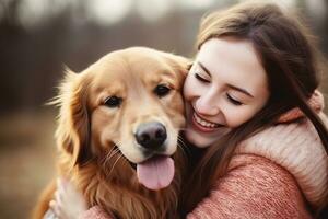 Portrait of people hugging golden retriever dog pet concept photo