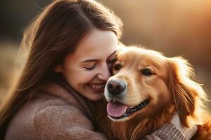 Portrait of people hugging golden retriever dog pet concept photo