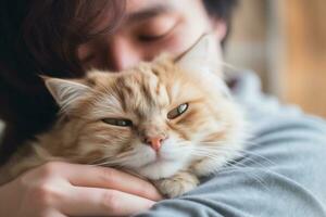 Portrait of people hugging cat pet concept photo