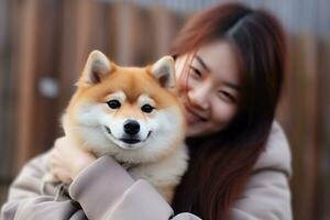 Portrait of people hugging shiba inu dog pet concept photo