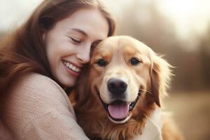 retrato de personas abrazando dorado perdiguero perro mascota concepto foto